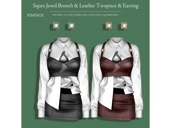 Alpha [RIMINGS] Squre Jewel Brooch Leather Twopiece Earring by RIMINGS - The Sims 4 Custom Content