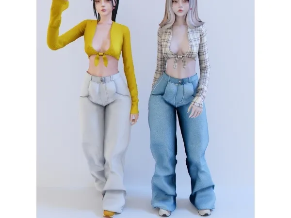 Alpha Kumara sleeve top corderoy jeans - The Sims 4 Custom Content