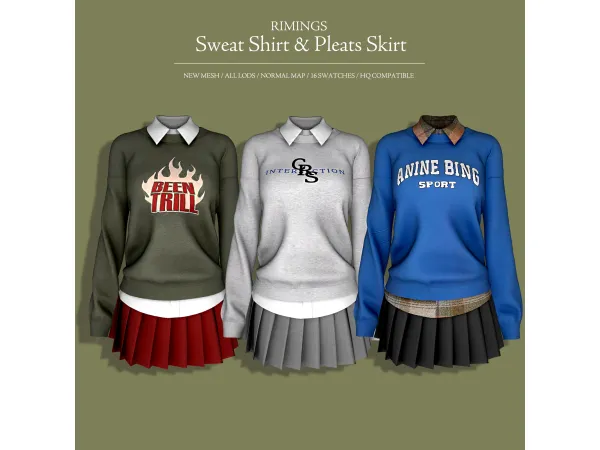 Alpha [RIMINGS] Sweat Shirt Pleats Skirt by RIMINGS - The Sims 4 Custom Content