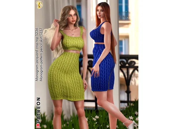 Alpha Monogram jacquard crop top S236 Monogram pattern pencil skirt S237 UPDATE by turksimmer - The Sims 4 Custom Content