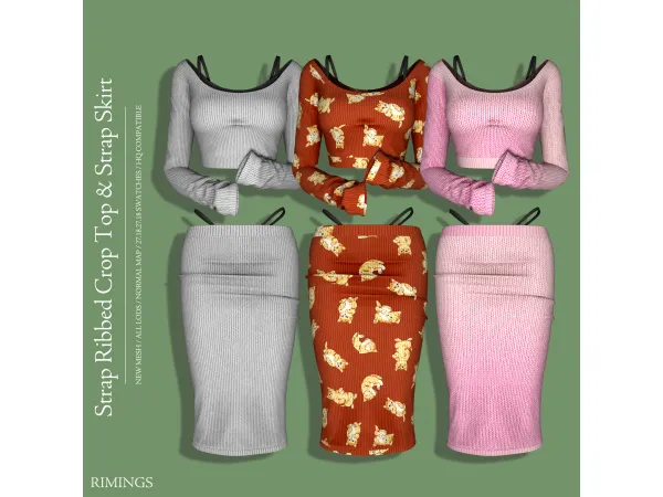 Alpha [RIMINGS] Strap Ribbed Crop Top Strap Skirt by RIMINGS - The Sims 4 Custom Content