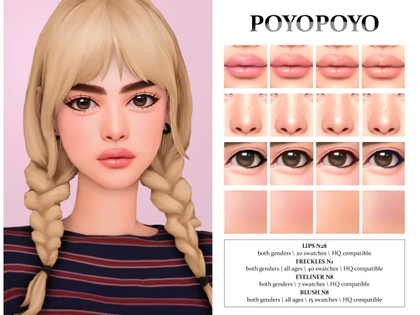 Alpha Makeup Set N19 LIPS N28 FRECKLES N1 EYLINER N8 BLUSH N8 by PoyoPoyo - The Sims 4 Custom Content