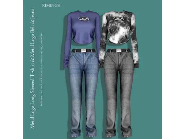 Alpha [RIMINGS] Metal Logo Long Sleeved T shirt Metal Logo Belt Jeans - The Sims 4 Custom Content