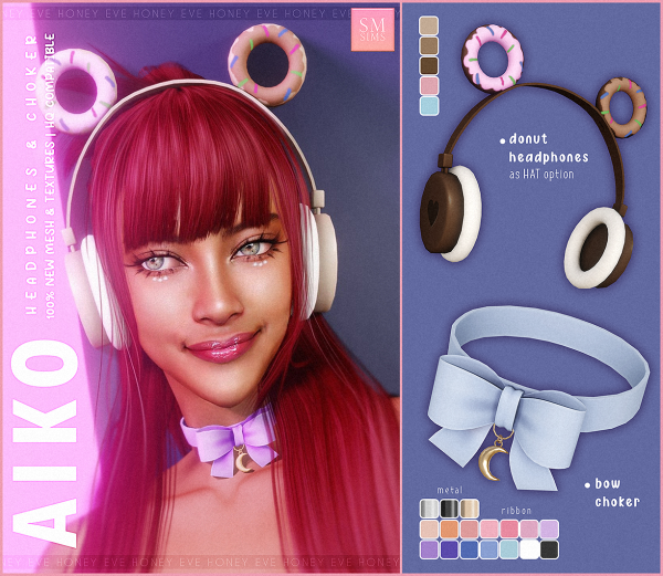 Alpha HONEY Aiko Donut Headphones & Choker by smsims - The Sims 4 custom content