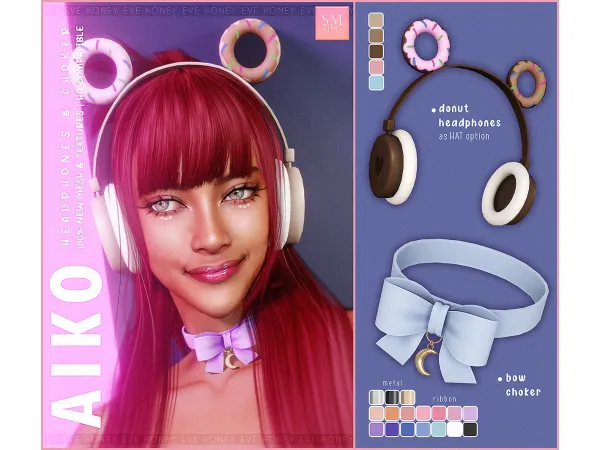 Alpha HONEY Aiko Donut Headphones Choker by SM Sims - The Sims 4 Custom Content