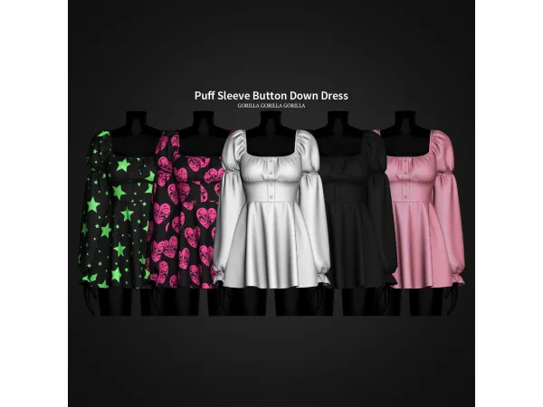 Alpha Puff Sleeve Button Down Dress by Gorilla Gorilla Gorilla - The Sims 4 Custom Content