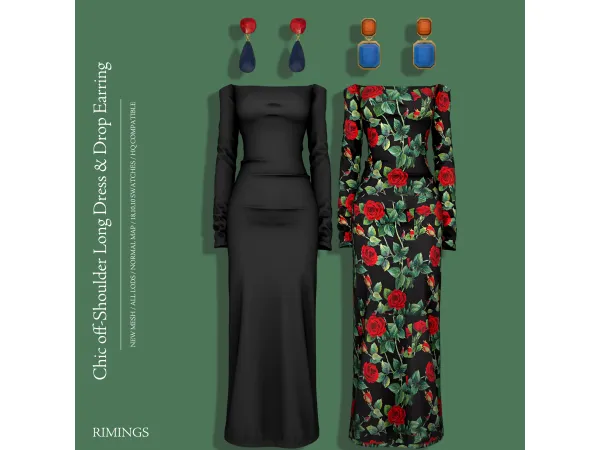 Alpha [RIMINGS] Chic off Shoulder Long Dress Drop Earring - The Sims 4 Custom Content