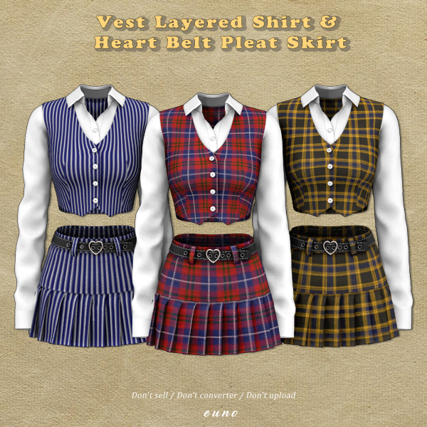 Alpha Vest Layered Shirt Heart Belt Pleat Skirt by simsfinds - The Sims 4 Custom Content