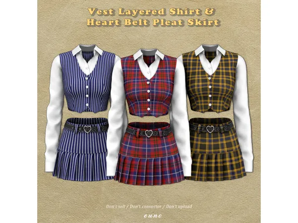 Alpha Vest Layered Shirt Heart Belt Pleat Skirt by euno sims - The Sims 4 Custom Content
