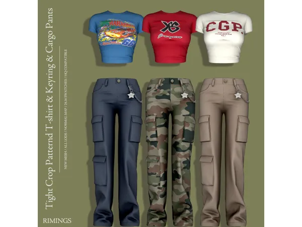 [RIMINGS] Tight Crop Patternd T-shirt & Keyring & Cargo Pants by RIMINGS