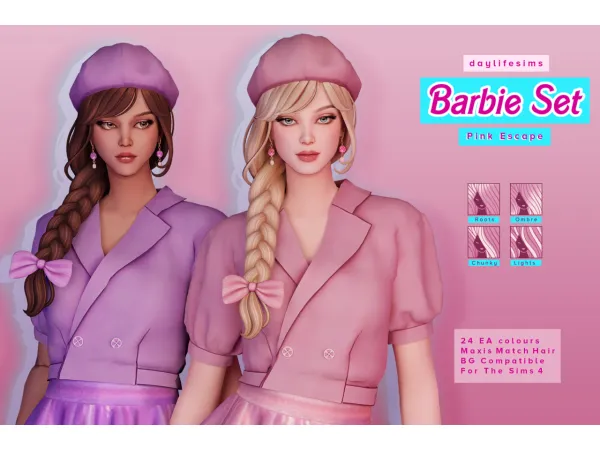 Maxis Match BARBIE HAIR SET PINK ESCAPE - The Sims 4 Custom Content