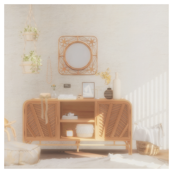 Maxis Match Rattan sideboard and wall mirror by simsfinds - The Sims 4 Custom Content