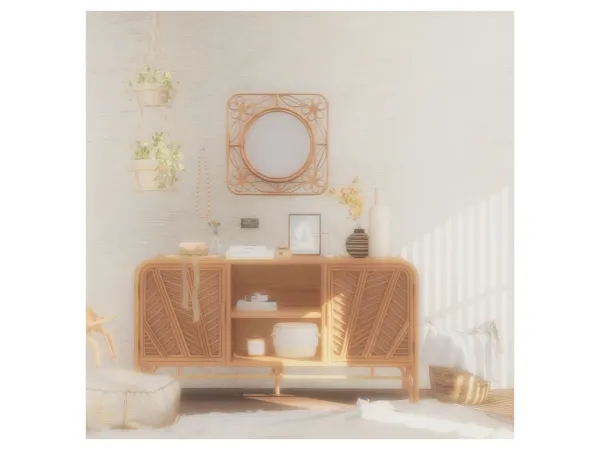 Maxis Match Rattan sideboard and wall mirror - The Sims 4 Custom Content