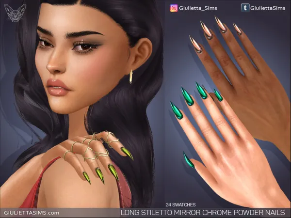 Alpha Long Stiletto Mirror Chrome Powder Nails - The Sims 4 Custom Content