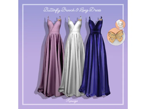 Alpha [RIMINGS] Butterfly Brooch Long Dress by RIMINGS - The Sims 4 Custom Content
