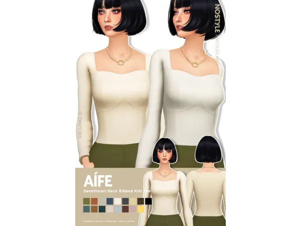 Maxis Match Aífe Sweetheart Neck Ribbed Knit Tee by NO STYLE X W O O D L A N D - The Sims 4 Custom Content