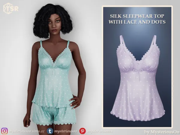 Alpha Silk sleepwear top with lace and dots in 8 colors - The Sims 4 Custom Content