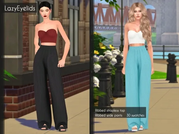 Alpha Ribbed strapless top ribbed wide pants - The Sims 4 Custom Content