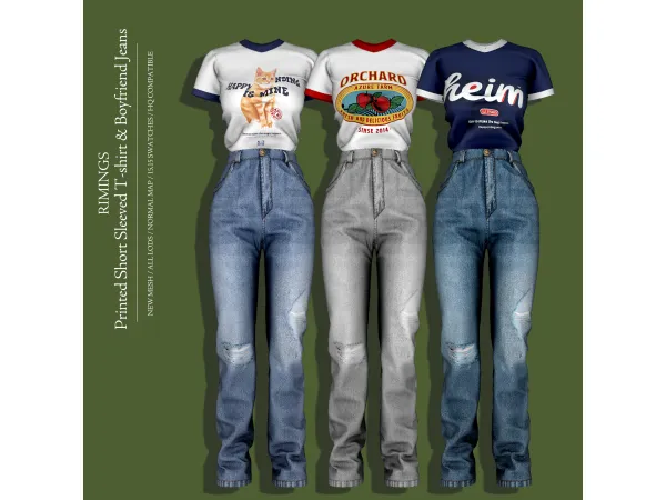 Alpha Printed Short Sleeved T shirt Boyfriend Jeans by RIMINGS - The Sims 4 Custom Content