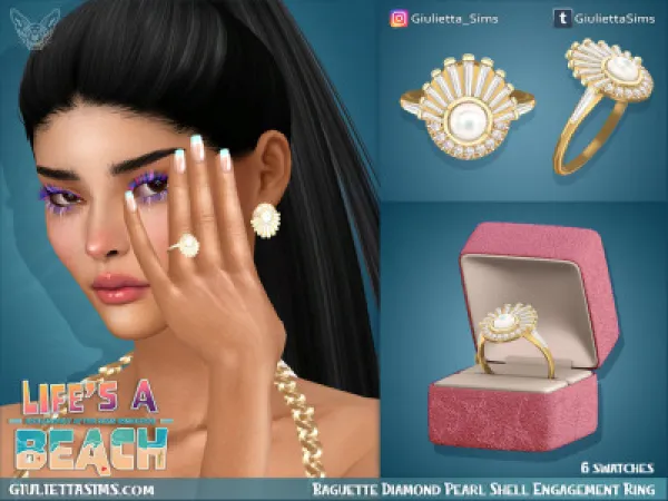 Alpha Baguette Diamonds Pearl Shell Engagement Ring - The Sims 4 Custom Content