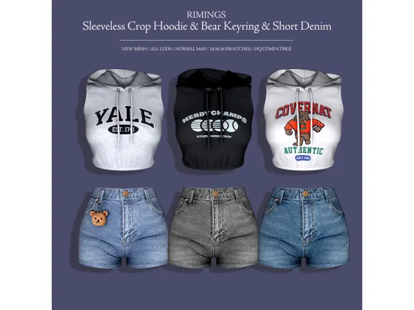 Alpha [RIMINGS] Sleeveless Crop Hoodie Bear Keyring Short Denim by RIMINGS - The Sims 4 Custom Content