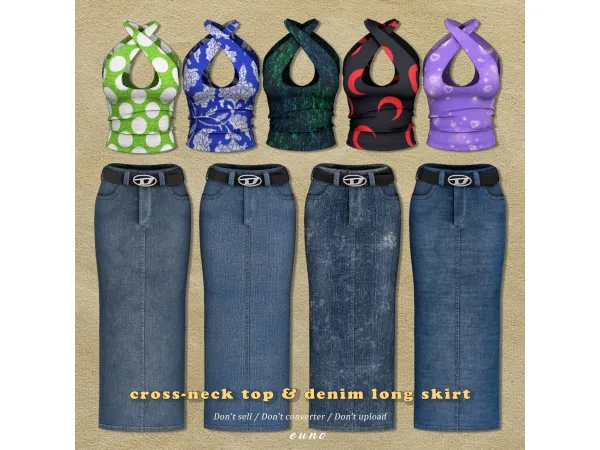 Alpha cross neck top denim long skirt - The Sims 4 Custom Content