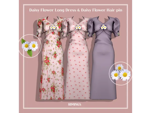 Alpha [RIMINGS] Daisy Flower Long Dress Daisy Flower Hair pin by RIMINGS - The Sims 4 Custom Content