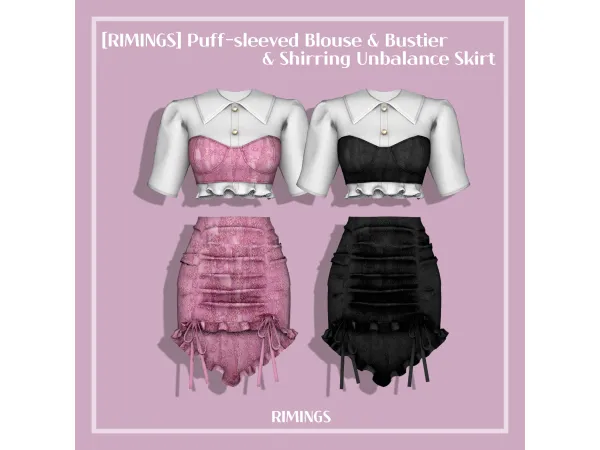 Alpha [RIMINGS] Puff sleeved Blouse Bustier Shirring Unbalance Skirt by RIMINGS - The Sims 4 Custom Content