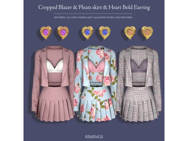 Alpha [RIMINGS] Cropped Blazer Pleats skirt Heart Bold Earring by RIMINGS - The Sims 4 Custom Content