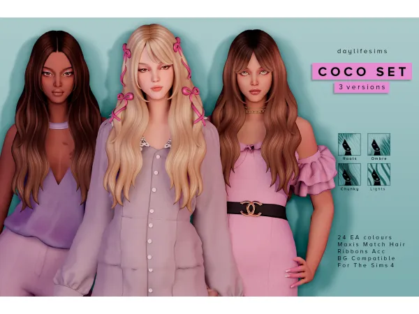 Maxis Match COCO HAIR SET 3 versions by simsfinds - The Sims 4 Custom Content