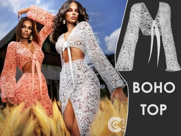 Alpha Bohemian Lace Tied Top cool_content_star - The Sims 4 Custom Content