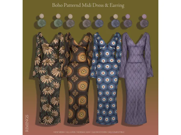 Alpha [RIMINGS] Boho Patternd Midi Dress Earring by RIMINGS - The Sims 4 Custom Content