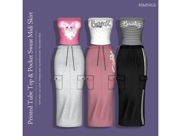 Alpha [RIMINGS] Printed Tube Top Pocket Sweat Midi Skirt by RIMINGS - The Sims 4 Custom Content