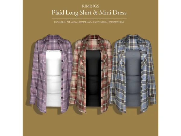 Alpha [RIMINGS] Plaid Long Shirt Mini Dress - The Sims 4 Custom Content