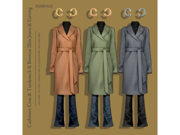 Alpha [RIMINGS] Cashmere Coat Turtleneck Bootcut Slim Jeans Earring - The Sims 4 Custom Content