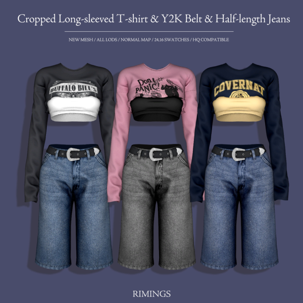 Alpha [RIMINGS] Cropped Long sleeved T shirt Y2K Belt Half length Jeans by simsfinds - The Sims 4 Custom Content