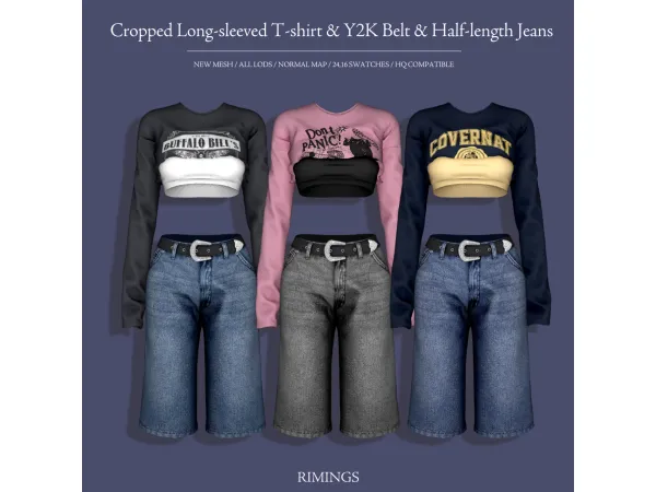 Alpha [RIMINGS] Cropped Long sleeved T shirt Y2K Belt Half length Jeans - The Sims 4 Custom Content