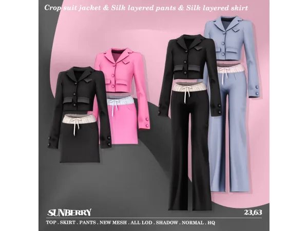 Alpha [SUNBERRY] Crop suit jacket Silk layered pants skirt - The Sims 4 Custom Content