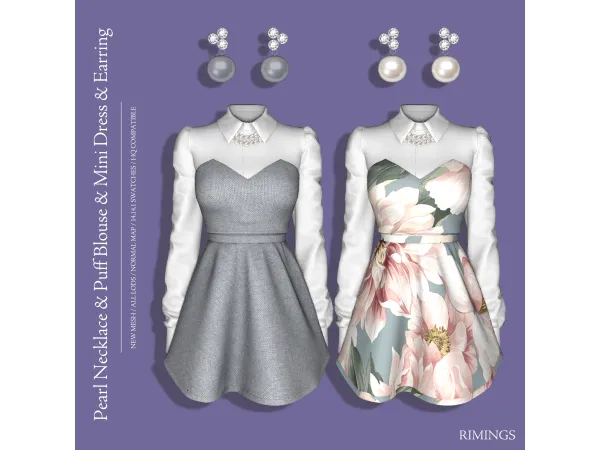 Alpha [RIMINGS] Pearl Necklace Puff Blouse Mini Dress Earring - The Sims 4 Custom Content
