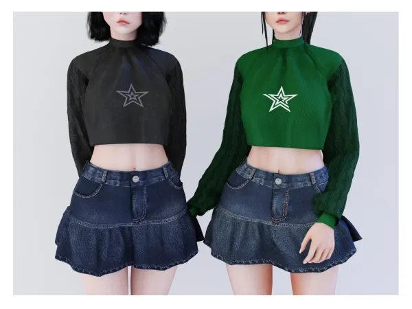Alpha Eyestar denim skirt X Star cropped sweater - The Sims 4 Custom Content