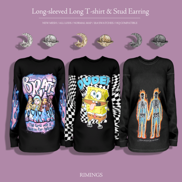Alpha [RIMINGS] Long sleeved Long T shirt Stud Earring by simsfinds - The Sims 4 Custom Content