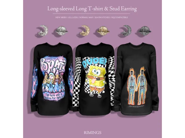 Alpha [RIMINGS] Long sleeved Long T shirt Stud Earring - The Sims 4 Custom Content