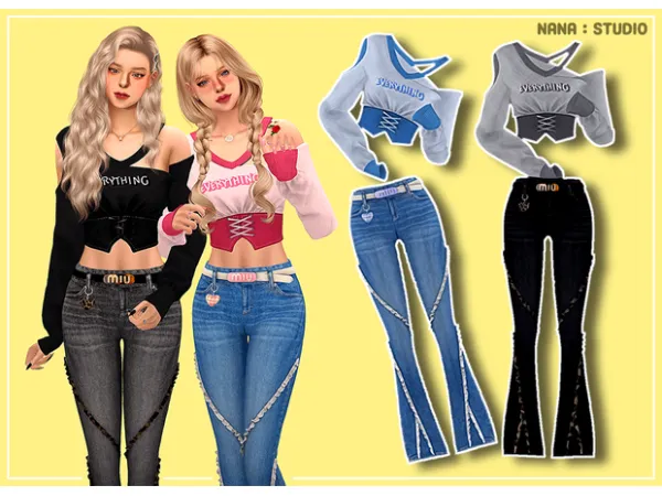 Alpha Corset crop top Frilled jeans - The Sims 4 Custom Content