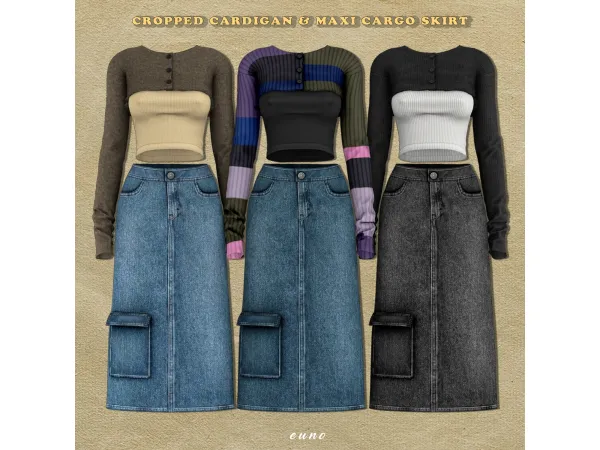 Alpha CROPPED CARDIGAN MAXI CARGO SKIRT by eunosims - The Sims 4 Custom Content