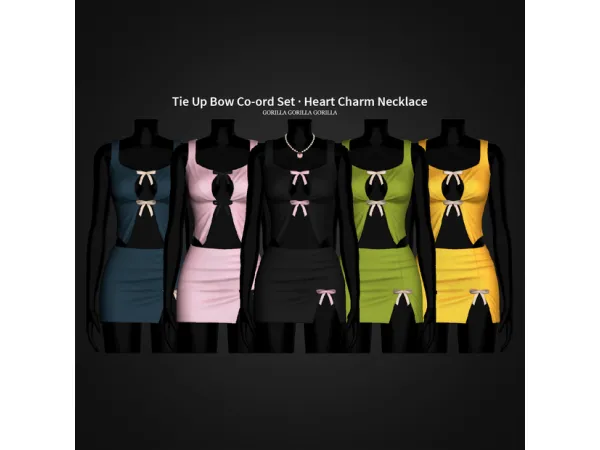 Alpha Tie Up Bow Co ord Set Heart Charm Necklace by gorillax3 - The Sims 4 Custom Content