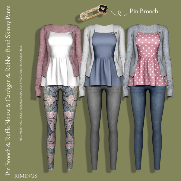 Alpha [RIMINGS] Pin Brooch Ruffle Blouse Cardigan Rubber Band Skinny Pants by simsfinds - The Sims 4 Custom Content