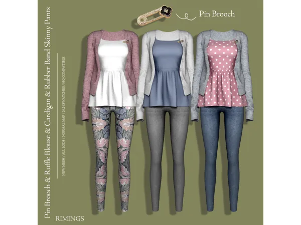 Alpha [RIMINGS] Pin Brooch Ruffle Blouse Cardigan Rubber Band Skinny Pants by RIMINGs - The Sims 4 Custom Content