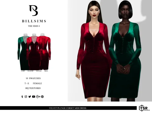 Alpha Velvet Plunge Corset Midi Dress ( ) - The Sims 4 Custom Content