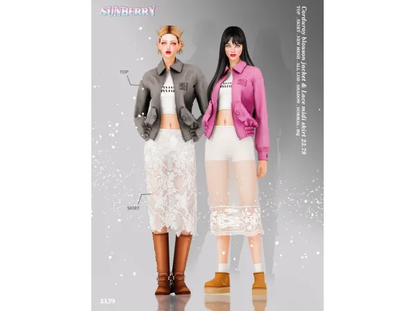 Alpha Corduroy blouson jacket Lace midi skirt by sunberry - The Sims 4 Custom Content