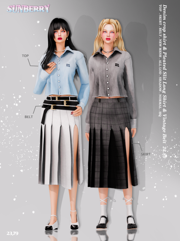 Alpha [SUNBERRY] Denim crop shirt Pleated Slit Skirt three Belt by simsfinds - The Sims 4 Custom Content